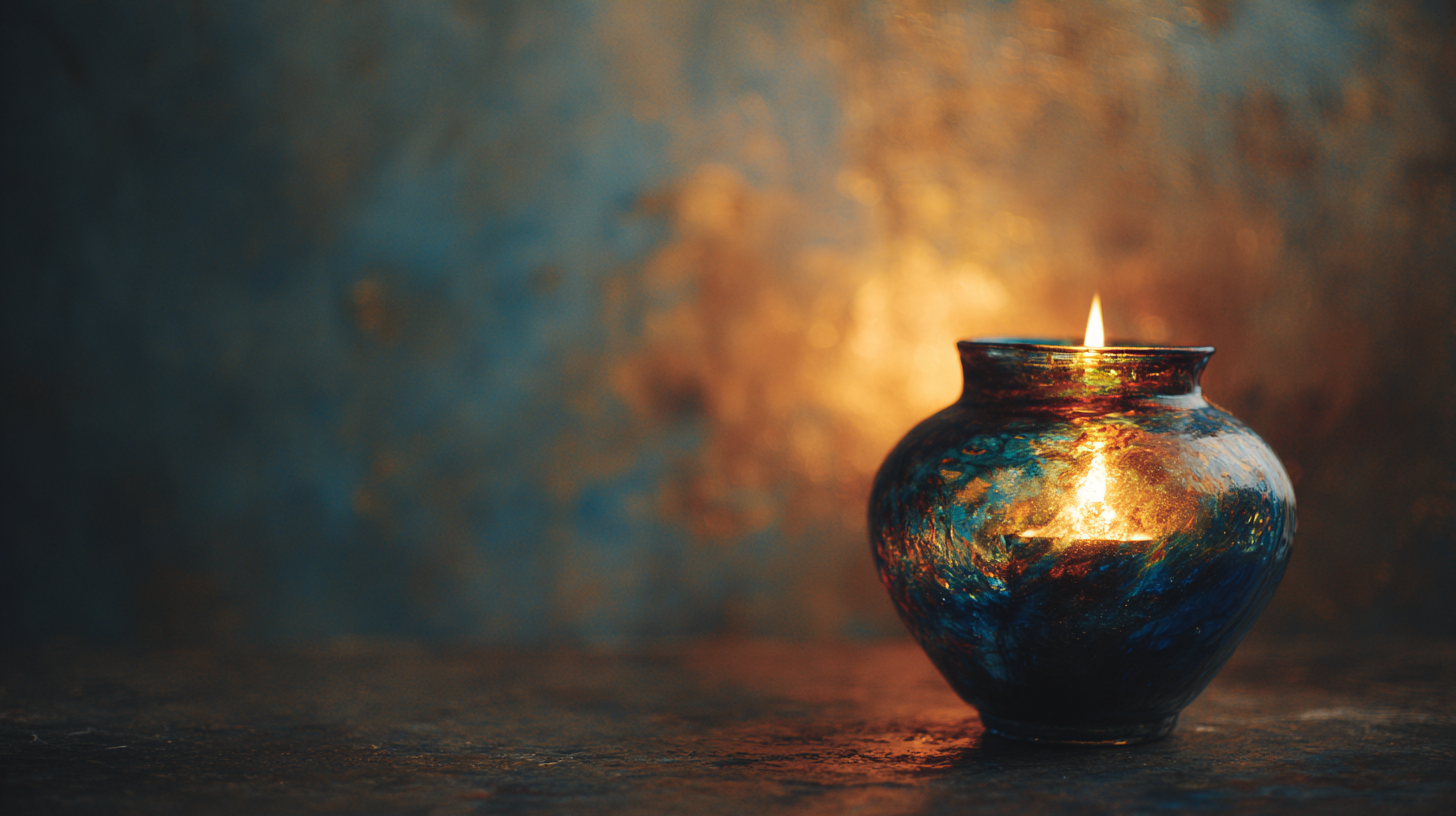 A lit candle inside a dark, iridescent alchemical vessel