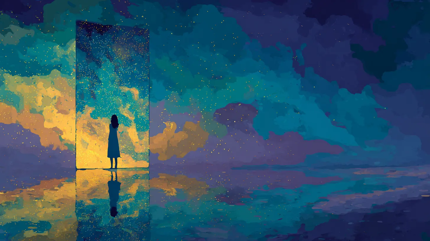 Silhouette of a figure standing at a luminous doorway opening into a starlit sky