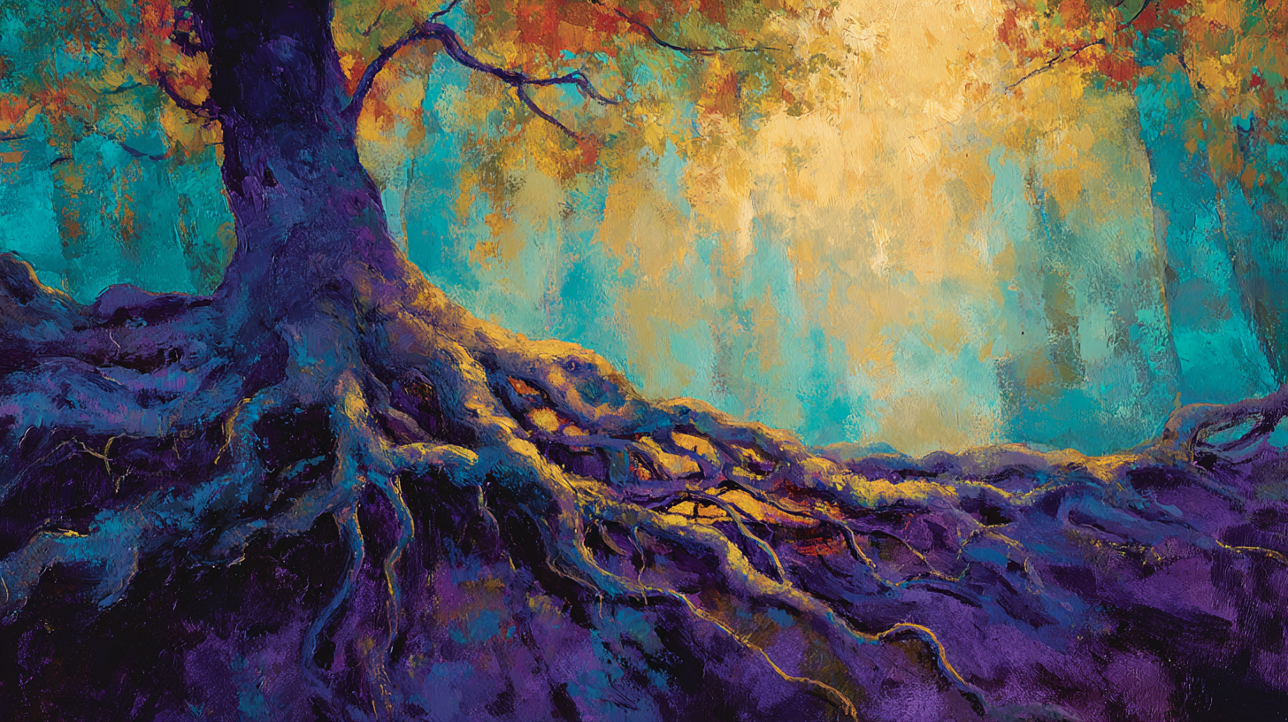 Painted tree with deep roots reaching into violet earth
